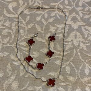 Women’s Four-Leaf Clover Red Necklace and Bracelet Set